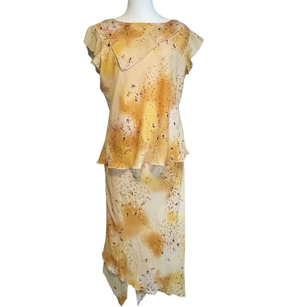 VTG Whimsy Fairy Top Skirt Matching Set WOMENS SIZE 12 Y2k Yellw Ornge Hanky Hem